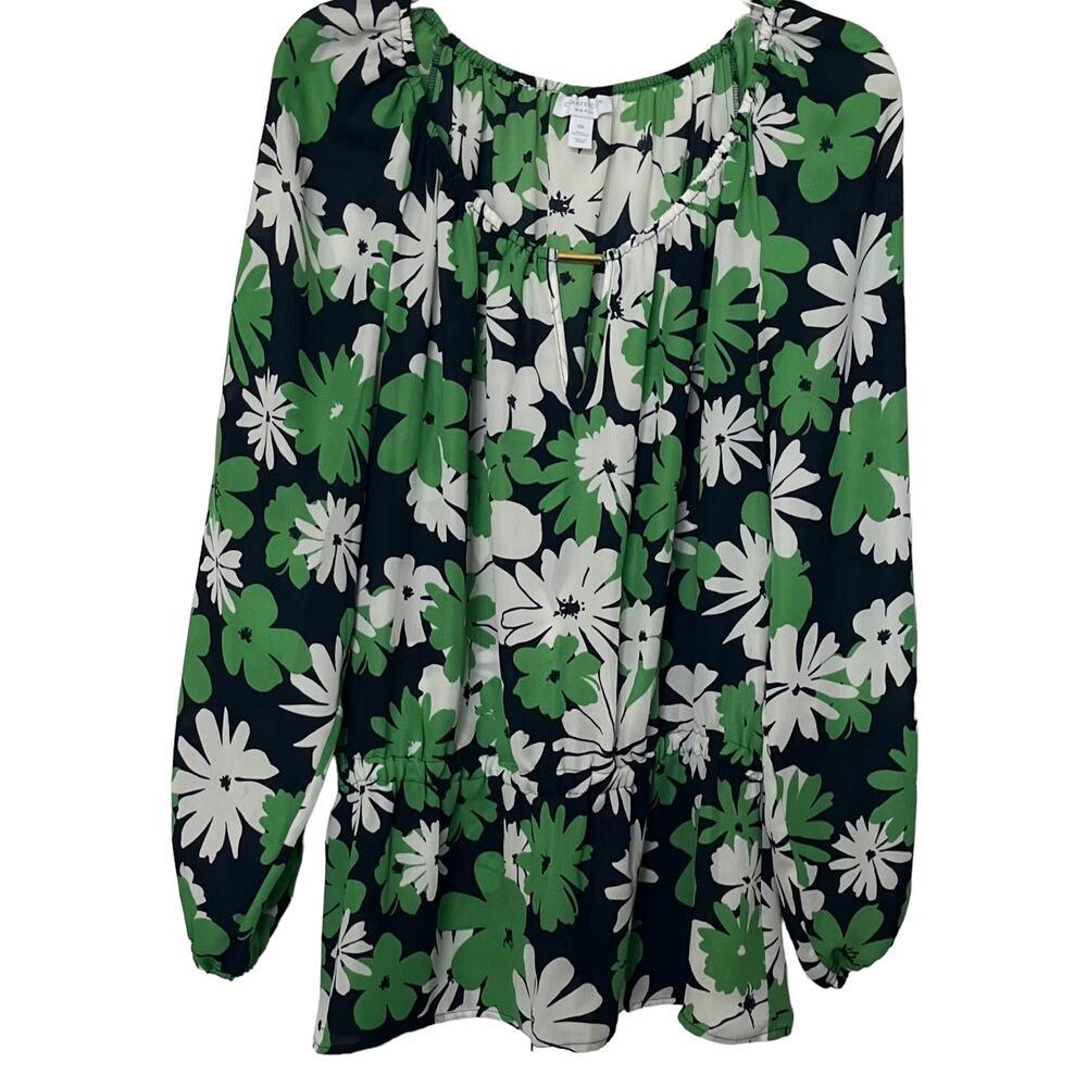 CHARTER CLUB WOMAN LONG SLEEVE ELASTIC WAIST BLOUSE, 0X-GREEN BLACK WHITE FLORAL